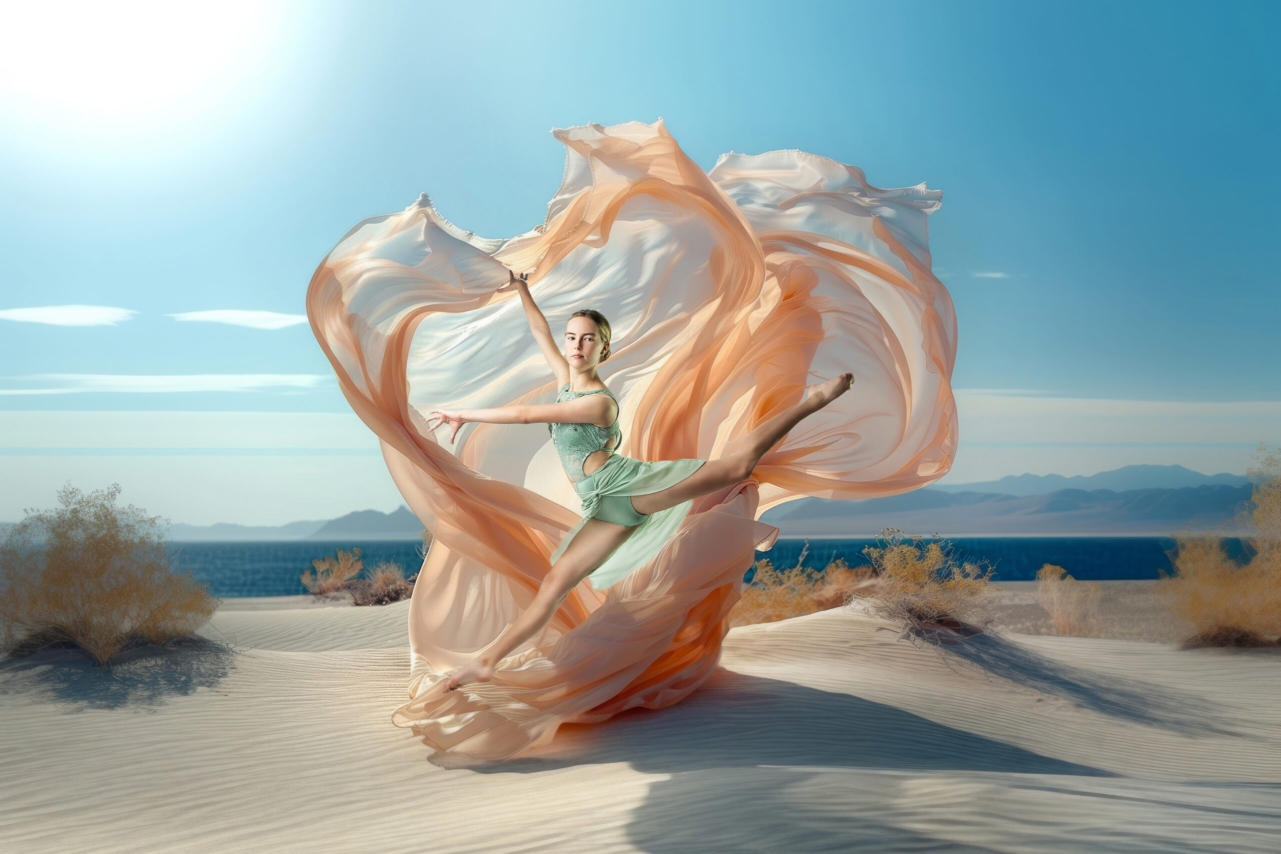 Creative ballet movement portrait with colored fabric in Central Texas studio